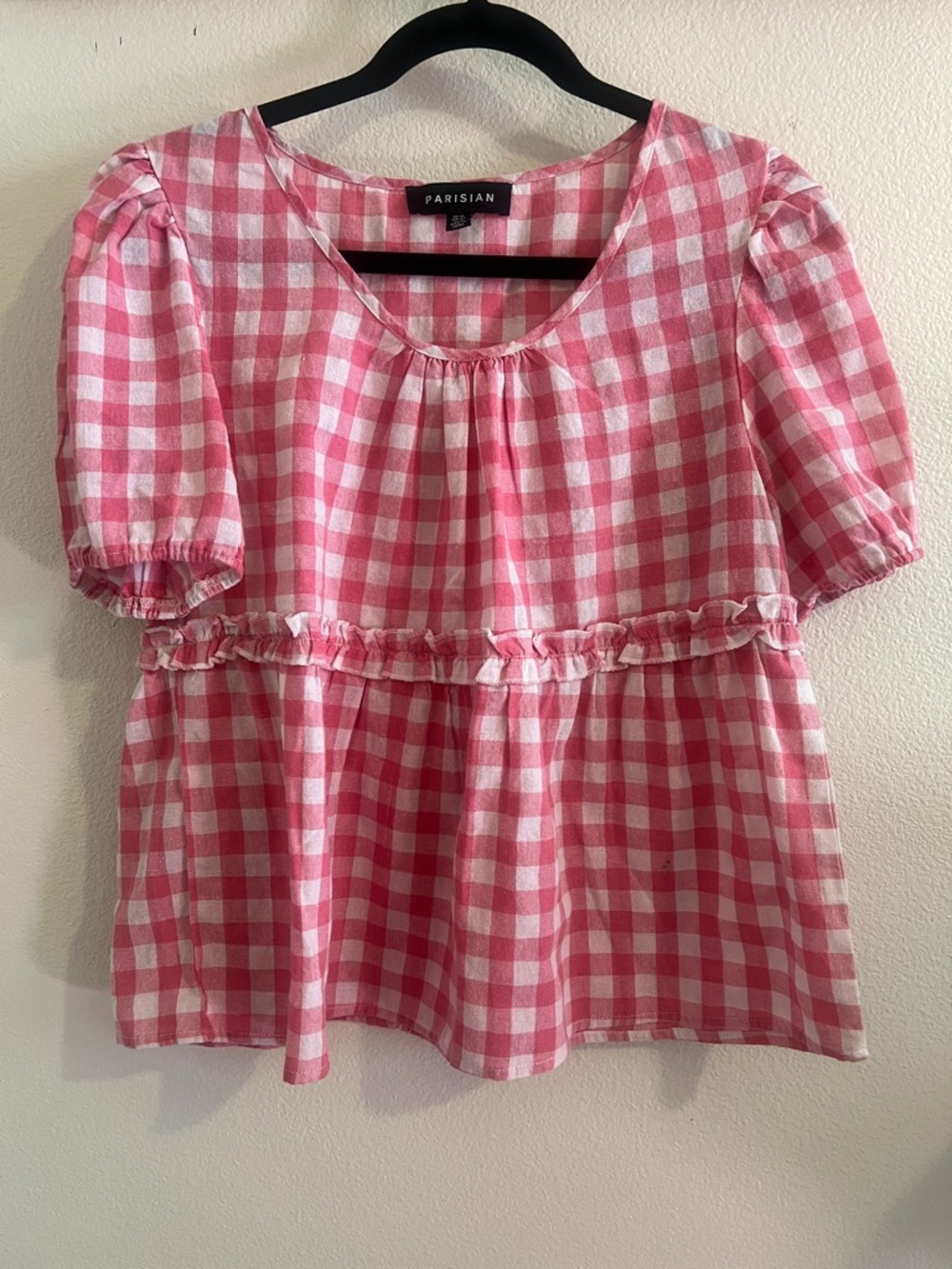 Parisian Works Pink & White Gingham Puff Sleeve Girls Top